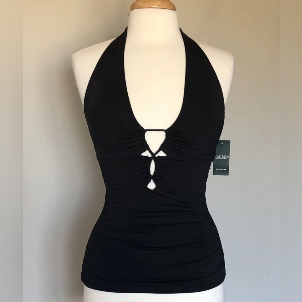 NWT$88 Ralph Lauren Black Keyhole Bust Halter Tankini Top 4 6 S Ruching Slimming